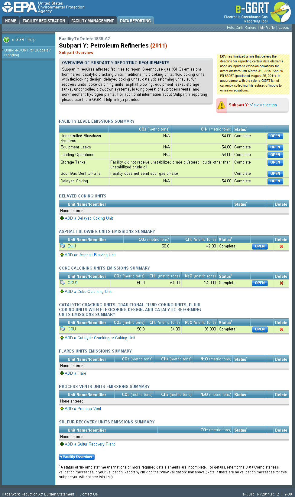 Subpart Y: Adding or Updating Catalytic Cracking or Coking Unit Emissions Information