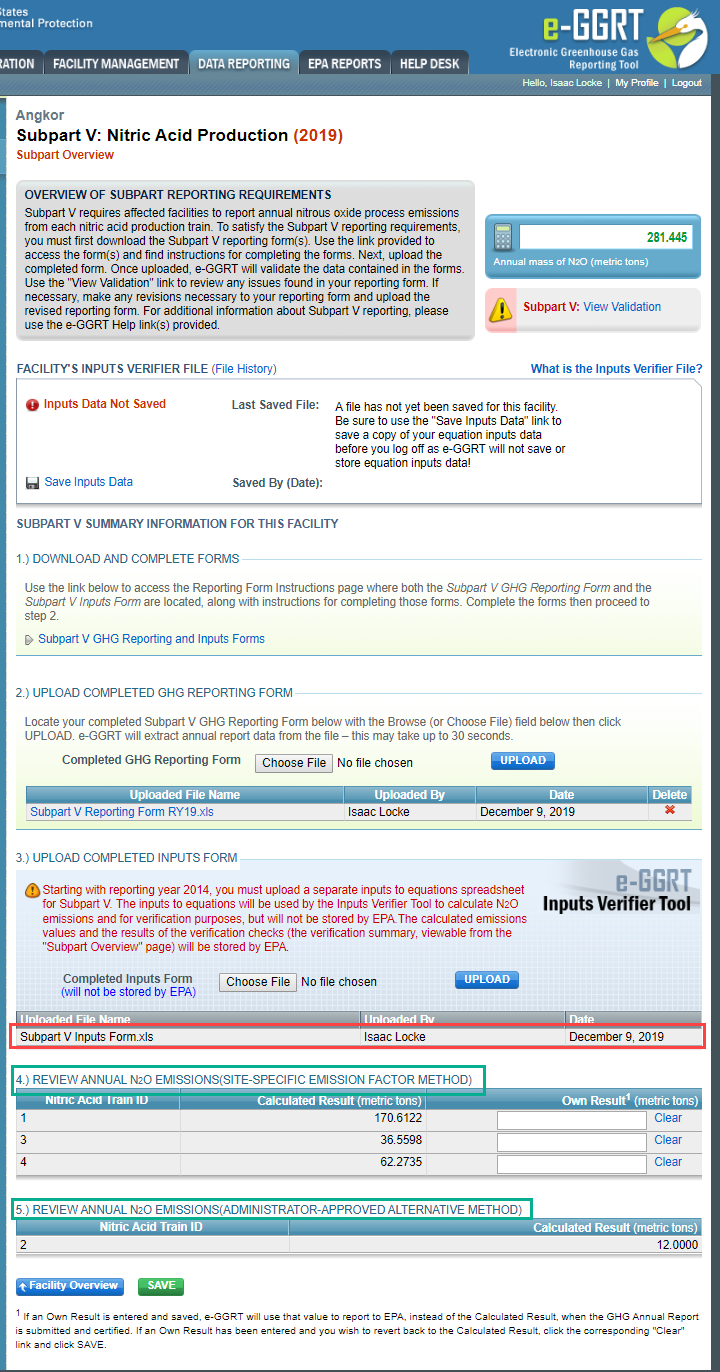 Subpart V: Successful Upload of IVT File Displaying Calculated Annual N20 Emissions
