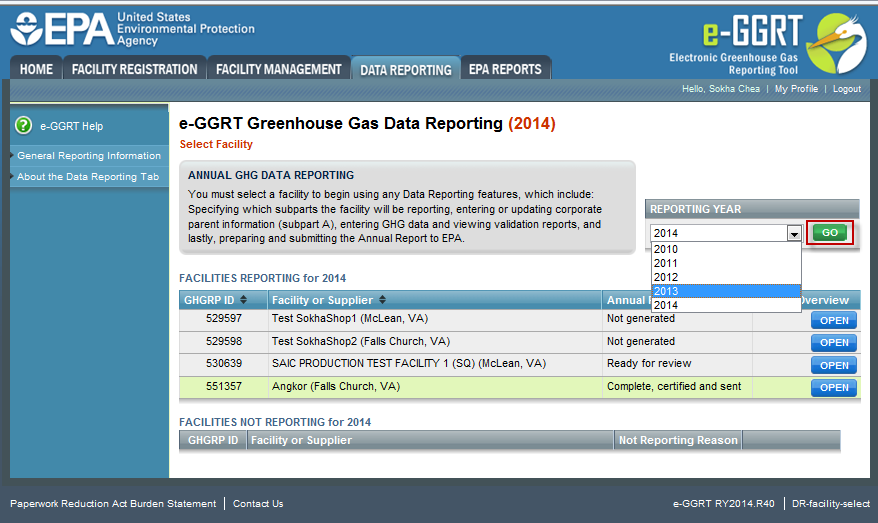 Select from the Reporting Year Dropdown List