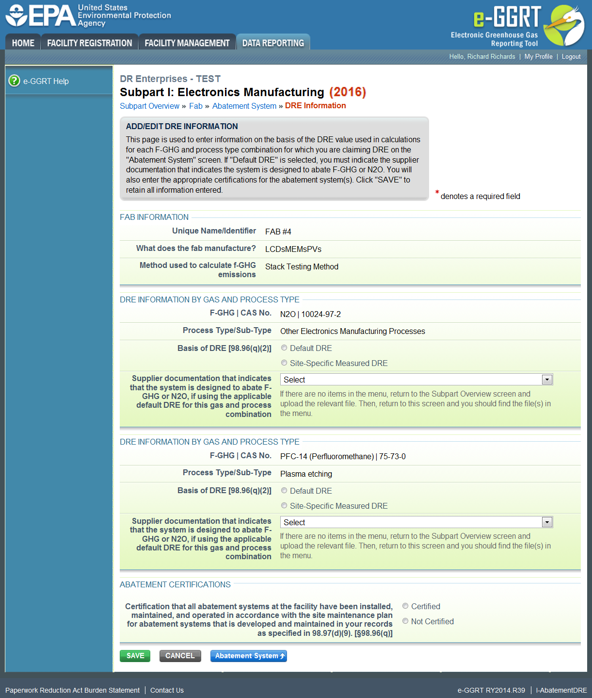 Subpart I: Electronics Manufacturing webpage showing the FAB information, DRE Information.