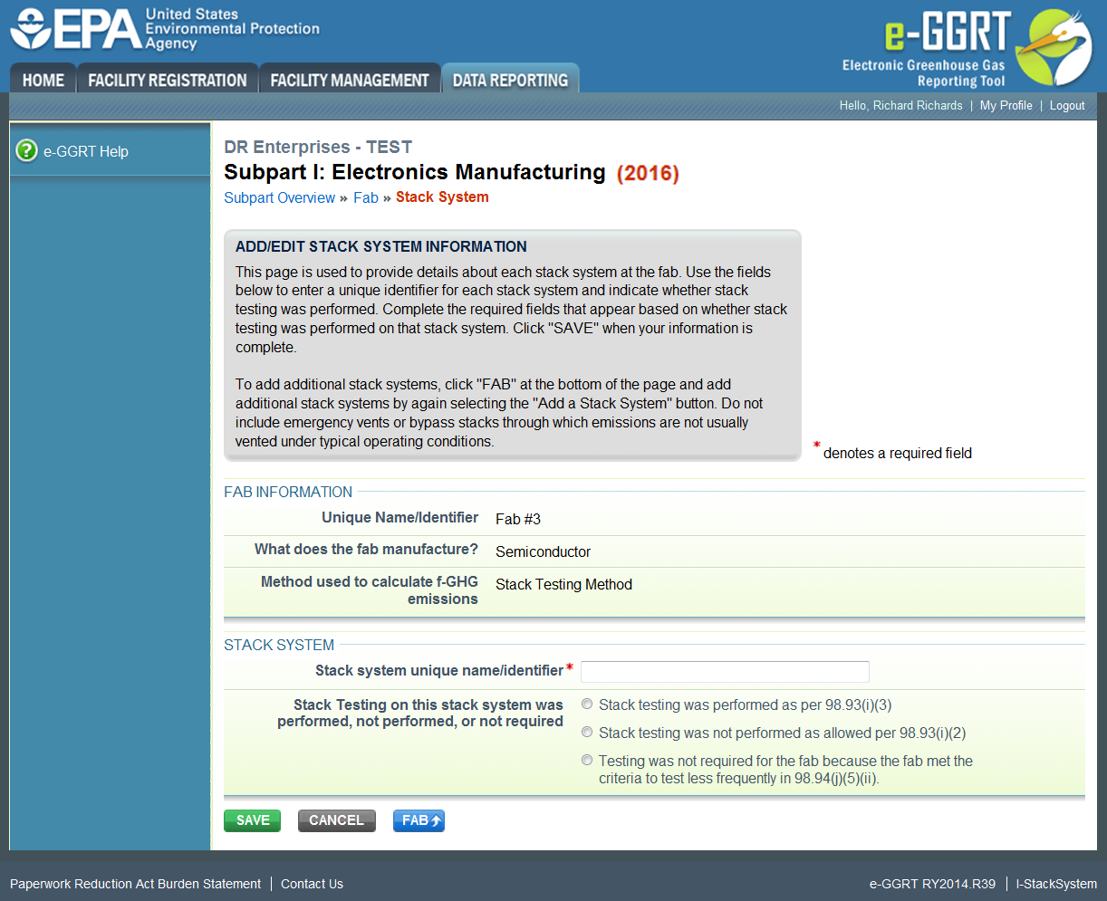 Subpart I: Electronics webpage showing FAB information and Stack System identifier.