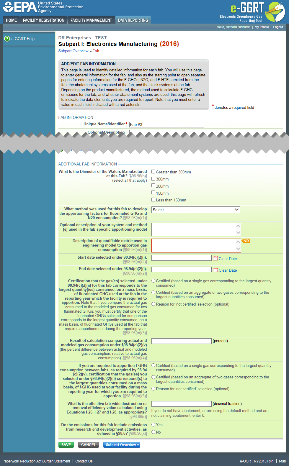 Subpart I: Electronics Manufacturing webpage showing additional fab information questions.