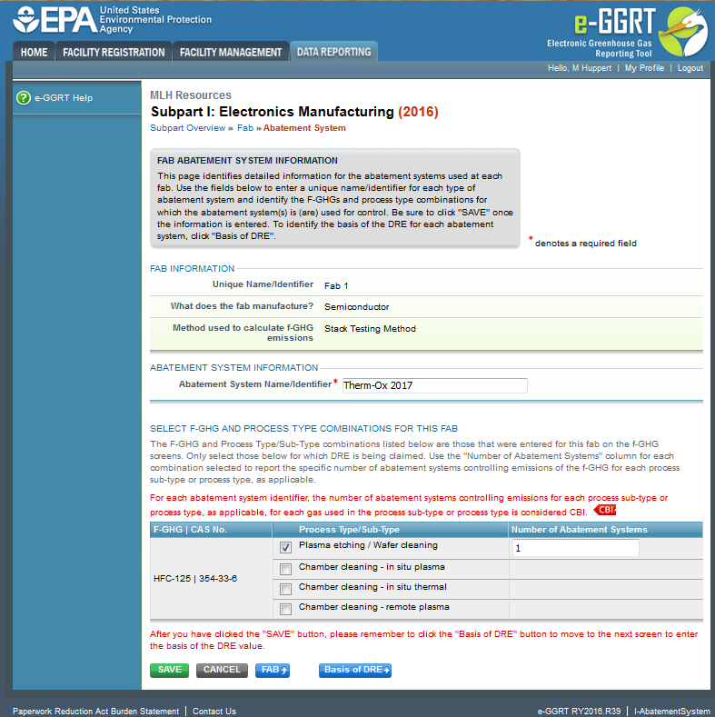 Subpart I: Electronics Manufacturing webpage showing FAB information and the Abatement System Information.
