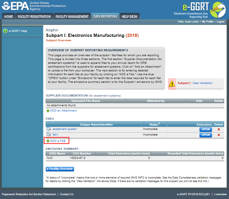 Subpart I: Electronics Manufacturing webpage highlighting the "Add a FAB" below the FABS section.