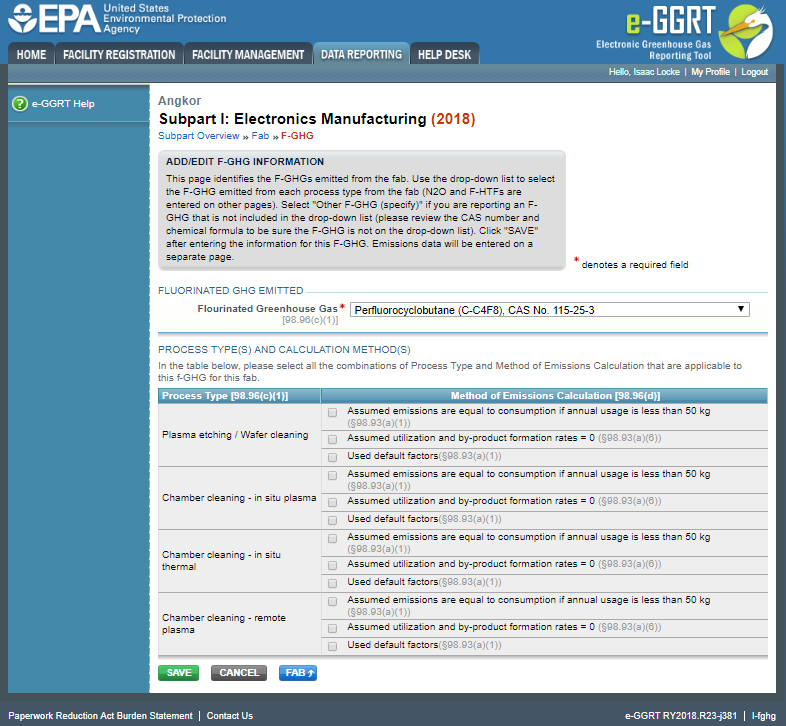 Subpart I: Electronics Manufacturing webpage, on the Fluorinated GHG Emitted page, showing process types and methods of emissions calcuations. 