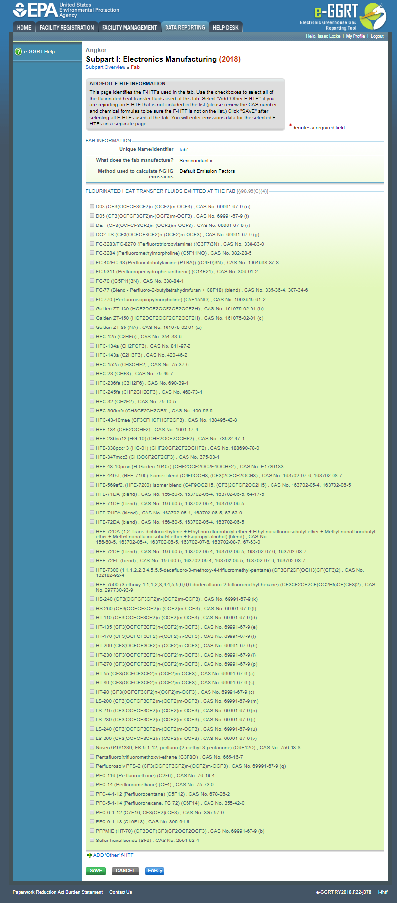 Subpart I: Electronics Manufacturing webpage showing the list of "flourinated heat transfer fluids emitted at the FAB.