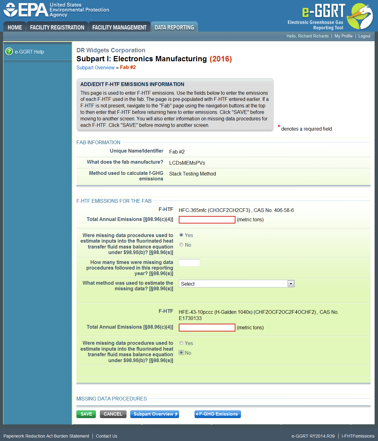 Image of the electronics manufacturing page and F-HTF emissions for the FAB.