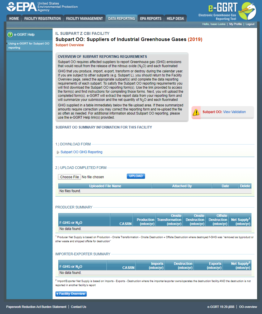 Image of the Subpart OO: Suppliers of Industrial Greenhouse Gases page. It shows summary information for this facility.
