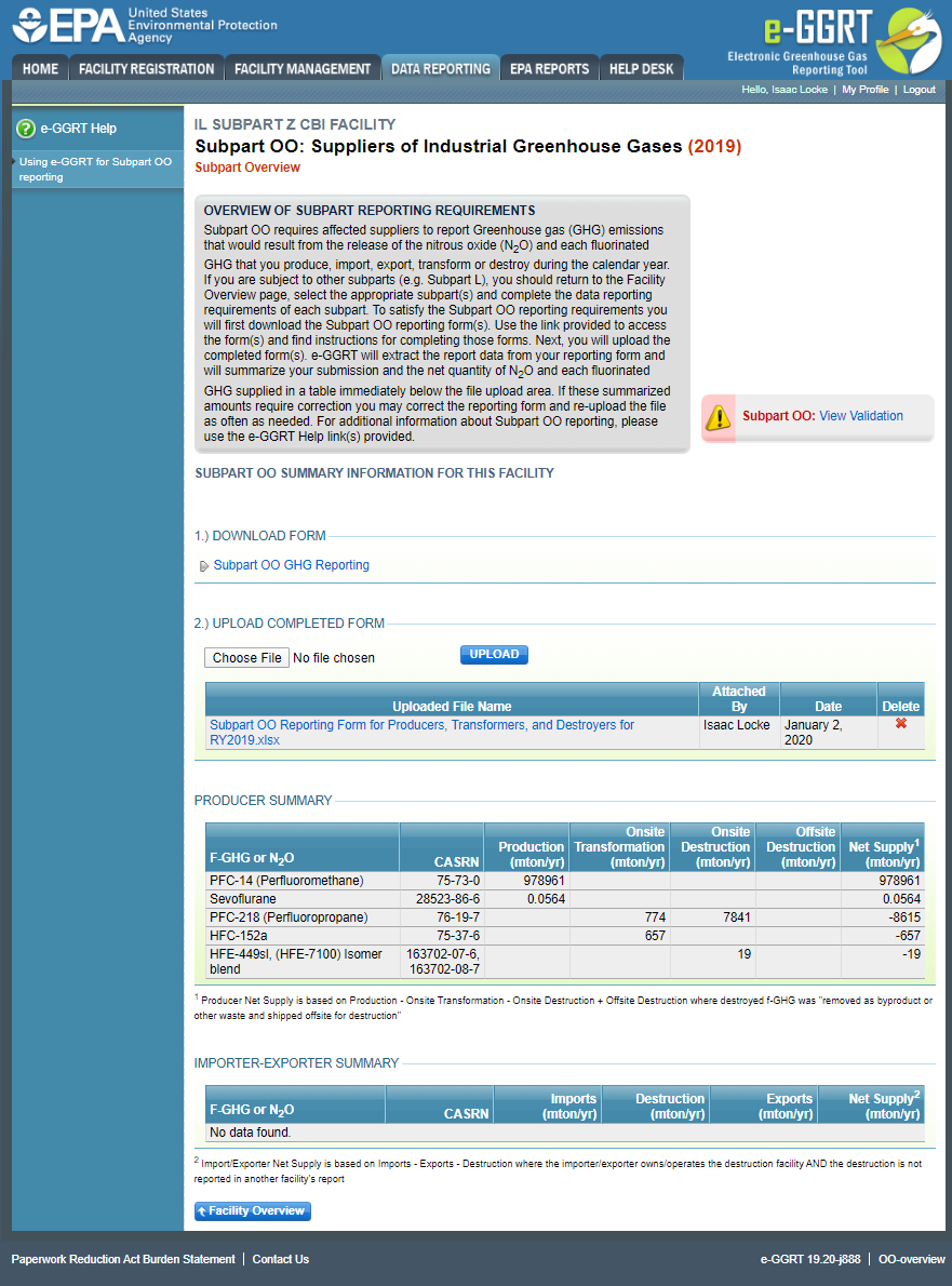 Image of the Subpart OO: Suppliers of Industrial Greenhouse Gases page. It shows a producer summary..