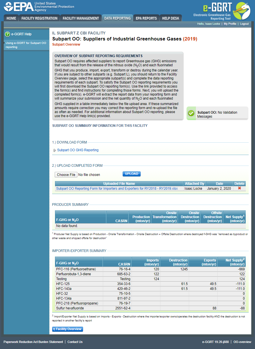 Image of the Subpart OO: Suppliers of Industrial Greenhouse Gases page. It shows summary information for this facility.