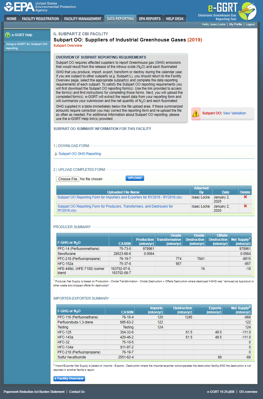 Image of the Subpart OO: Suppliers of Industrial Greenhouse Gases page. It shows an importer-exporter summary and a producer summary.