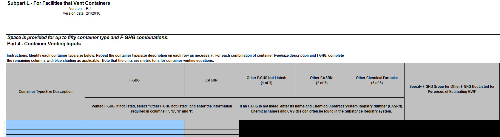 Image of the Subpart L reporting form from 2016.