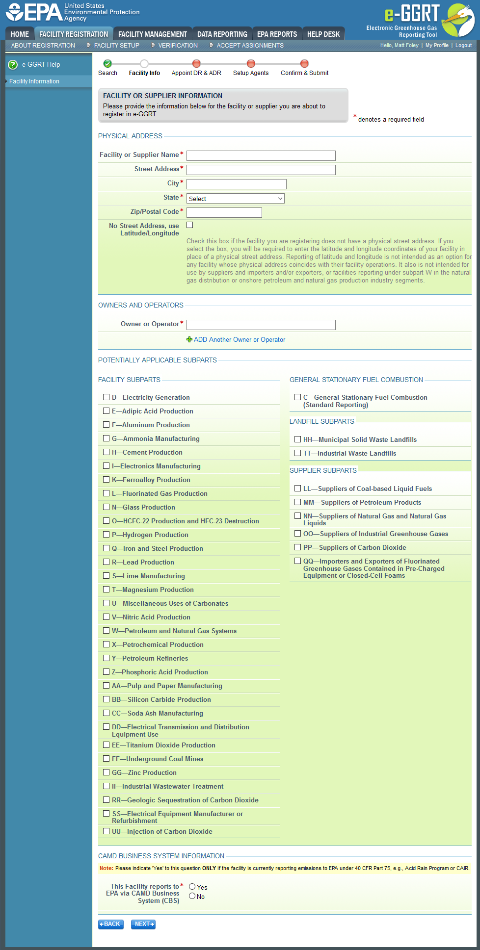 Facility Information screenshot