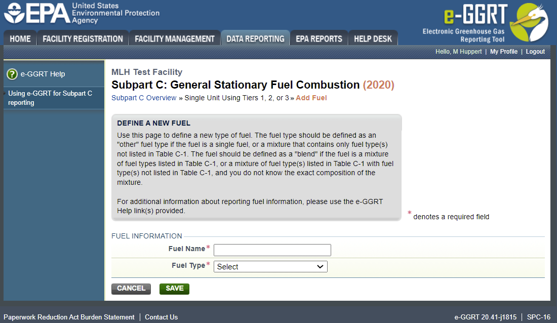 Subpart C Fuel Identification ADD an Other Fuel or Blend