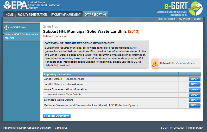 Image of Subpart HH Overview screen 