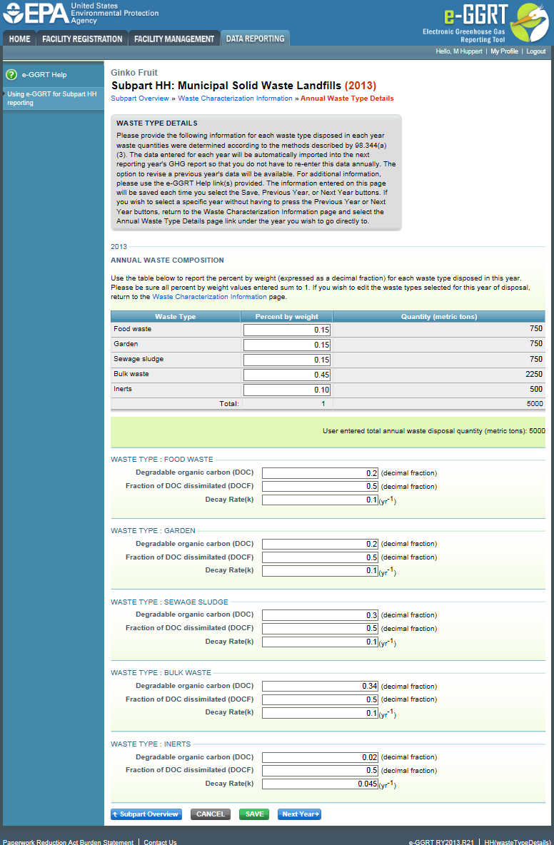Subpart HH: Annual Waste Type Details