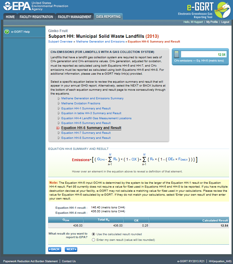 Image of the Equation HH-6 Summary and Result screen