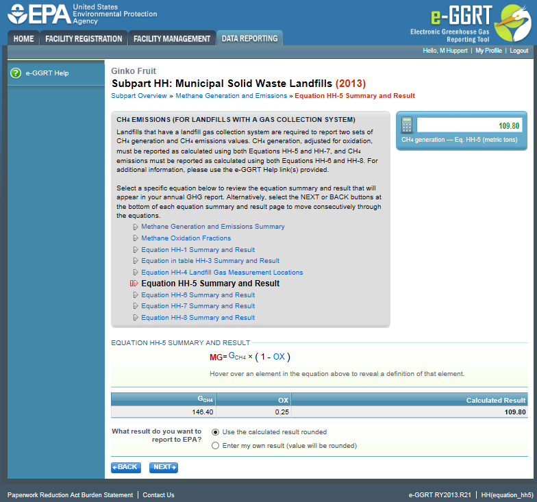 Equation HH-5 Summary and Result screen