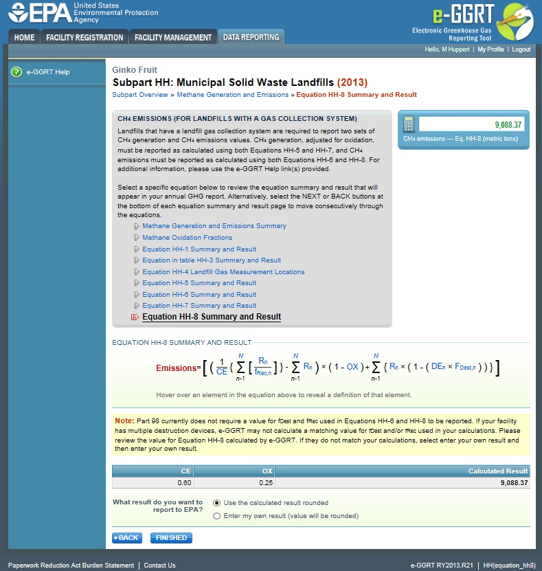 Image of the Equation HH-8 Summary and Result screen
