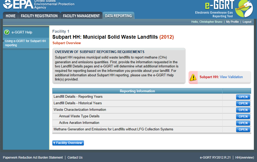 Image of Subpart HH Overview page