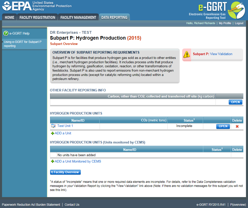 Image of the Subpart Overview page