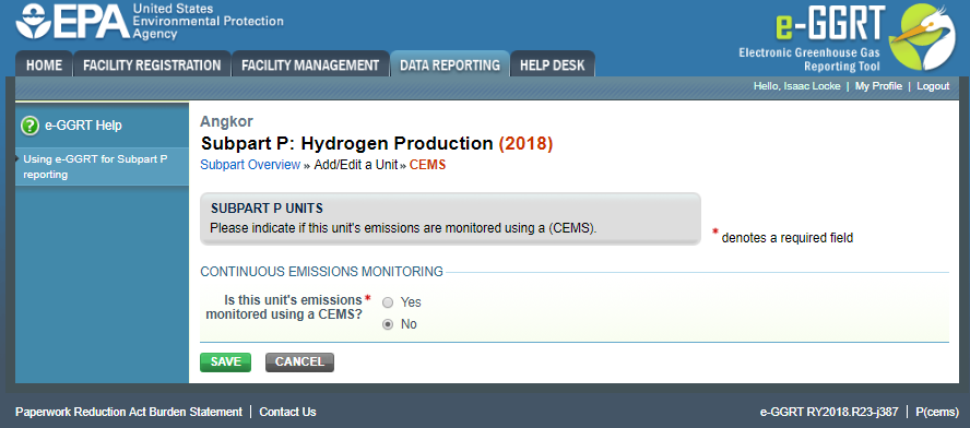 Image of the Subpart P Units screen