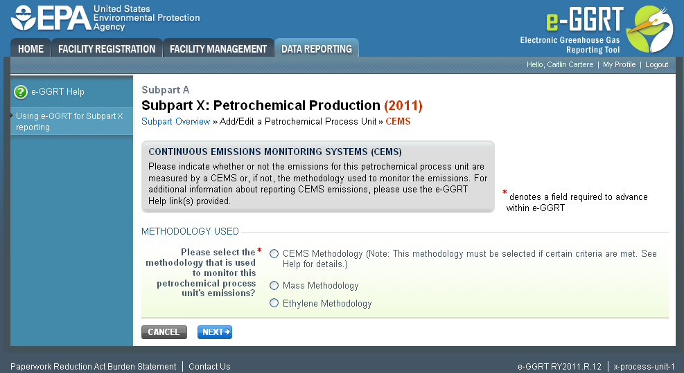 Subpart X: Identify GHG Measurement Methodology and click the NEXT button