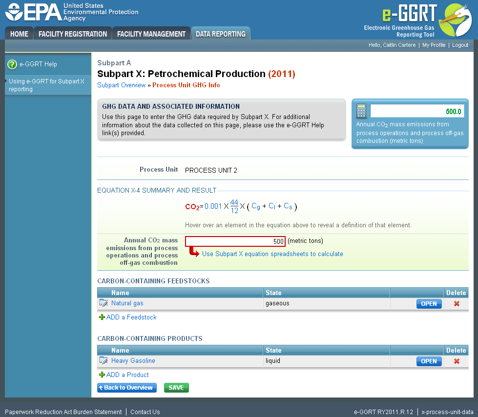 Subpart X: Step 1 - Feedstock Data Entry