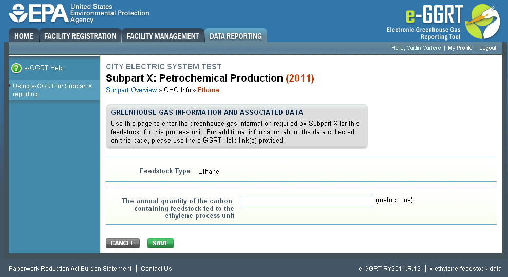 Subpart X: Step 2 - Entering Quantity of Feedstock