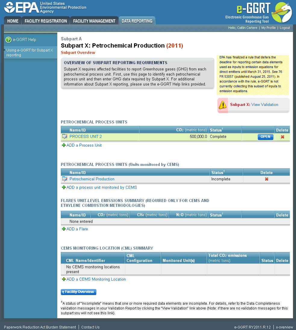 Subpart X: Step 1 - Click the ADD a Process Unit link