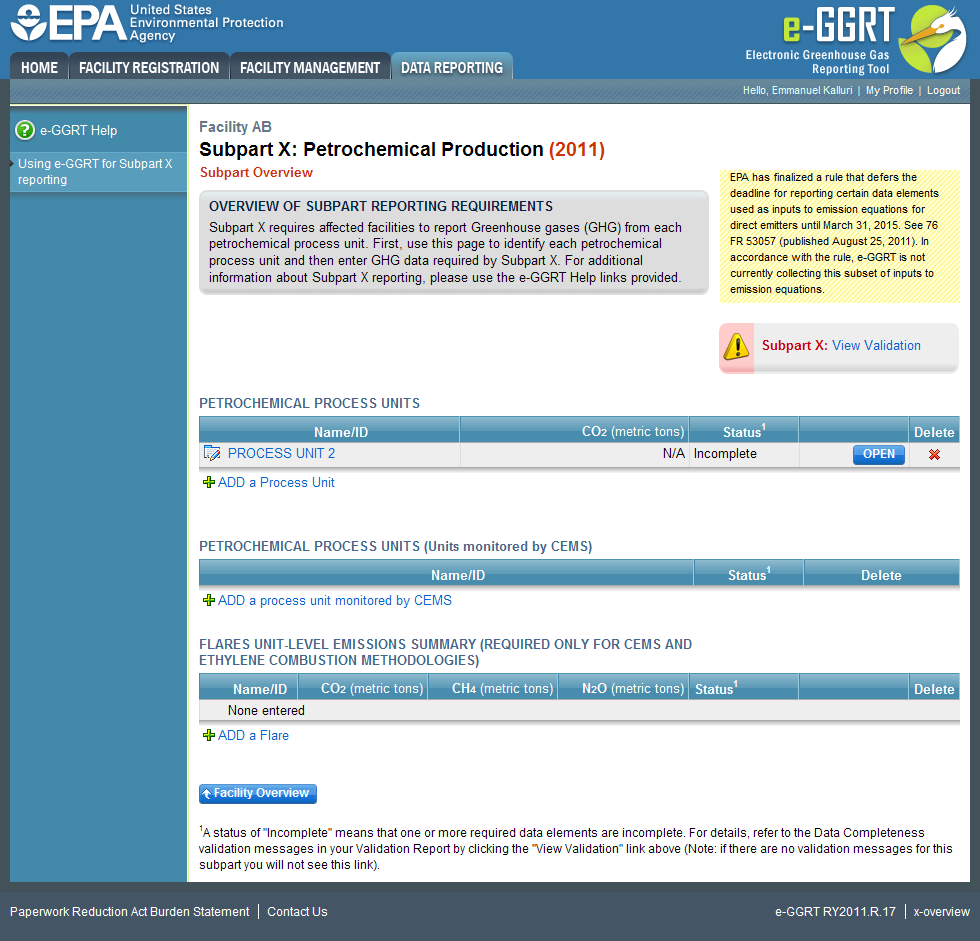 Subpart X: Step 1 - Returning to the Subpart Overview page