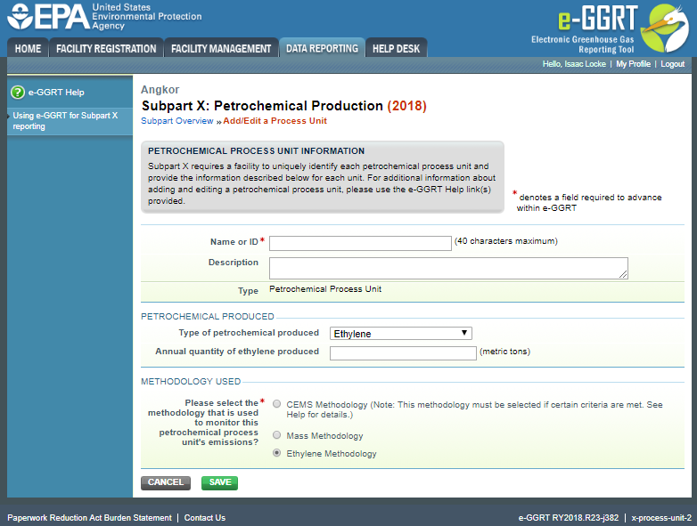 Subpart X: Step 1 - Add/Edit a Process Unit