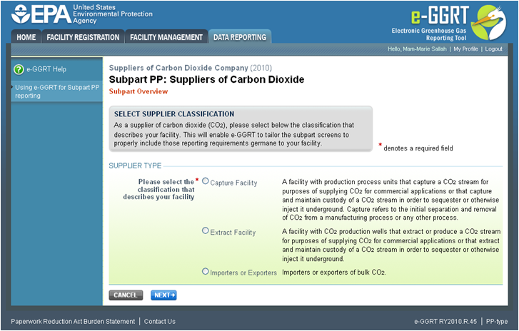 Image of Subpart PP: Suppliers of Carbon Dioxide, showing supplier type selections.