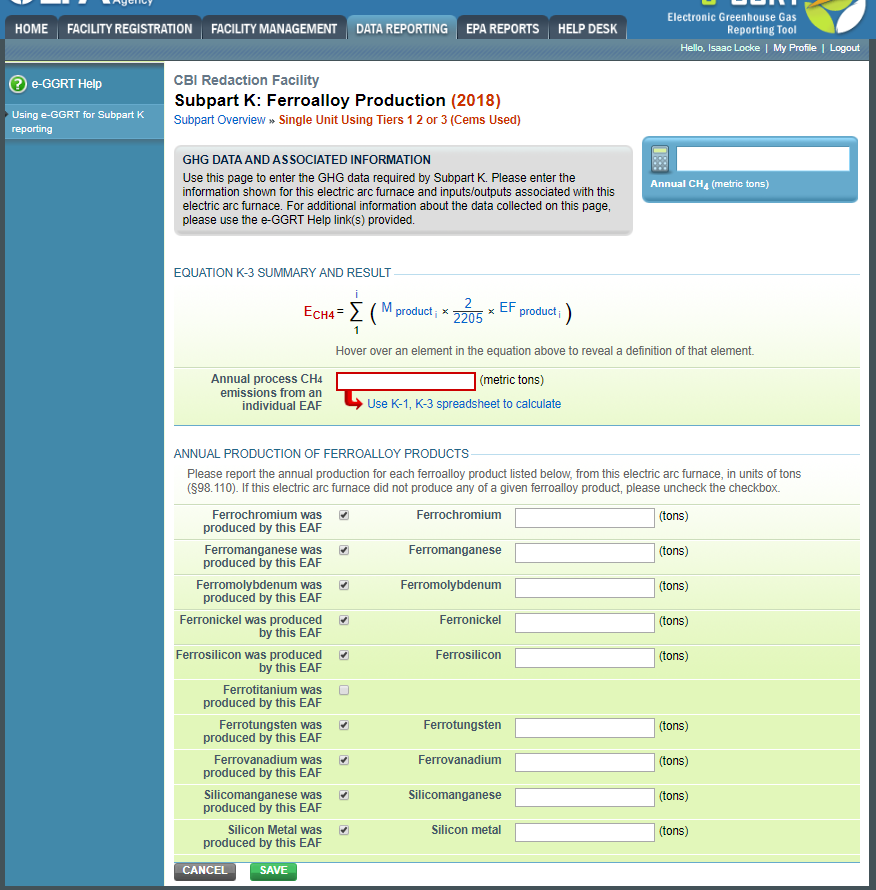 Image of Ferroalloy Production page that asks for annual production of ferroalloy products.