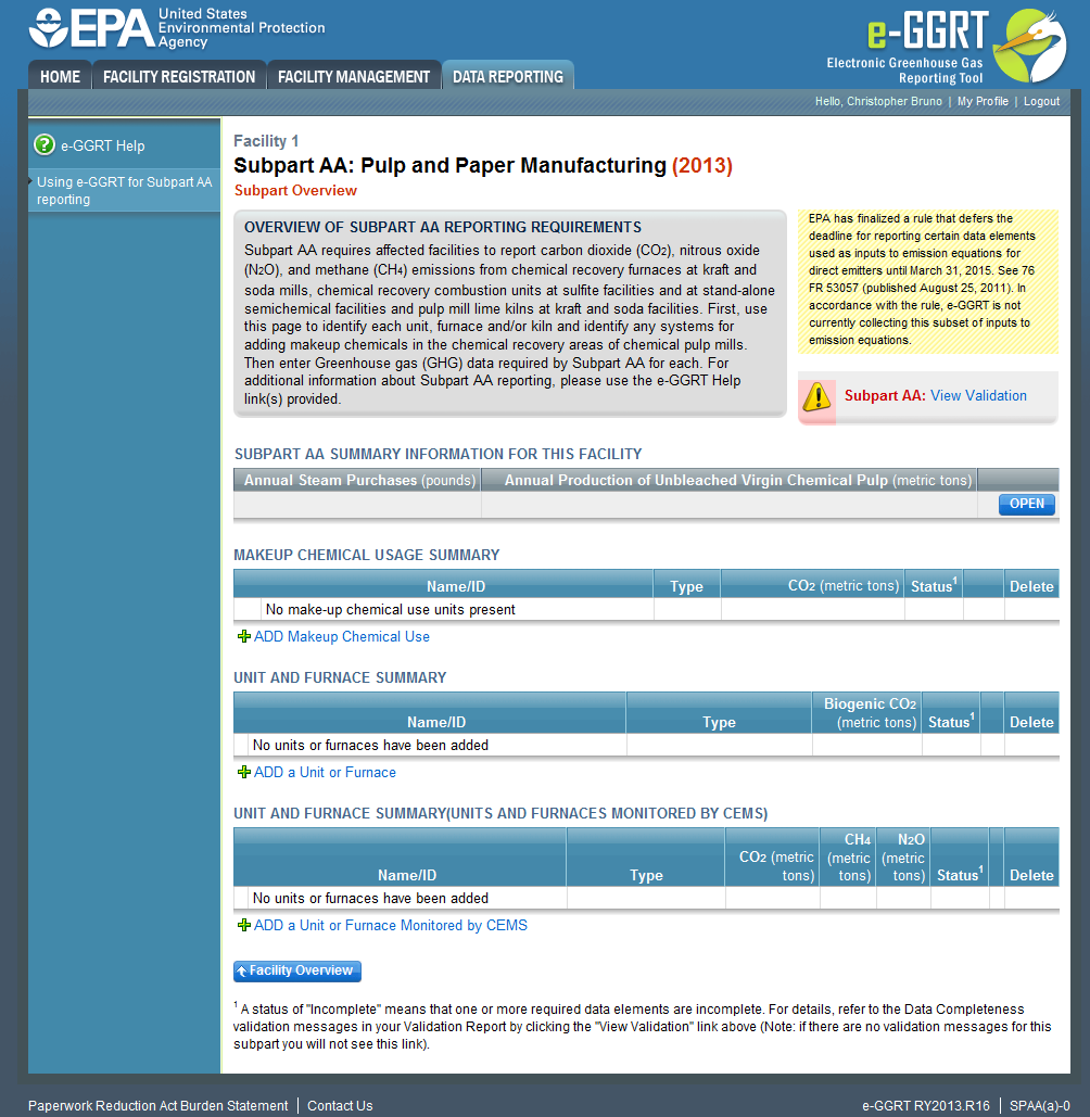 Subpart AA: Step 1 - Adding or Updating Makeup Chemical Usage Information for this Facility