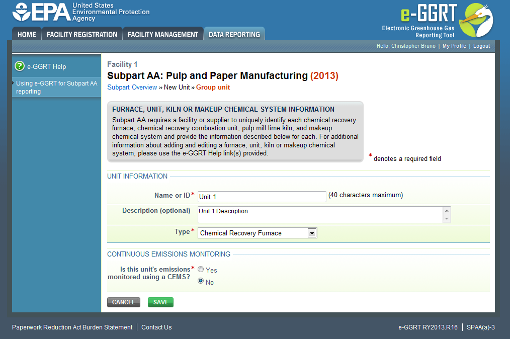 Subpart AA: Step 3 - Enter Required Information for a Unit