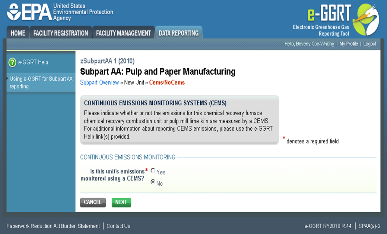 Subpart AA: Step 2 - Indicate CEMS Utilization for a Unit