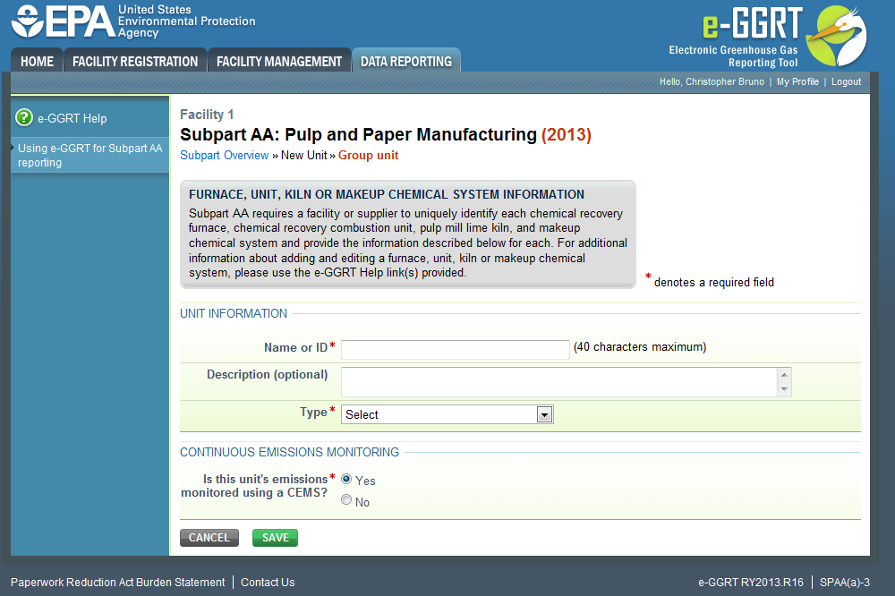 Subpart AA: Step 3 - Enter required information for a unit