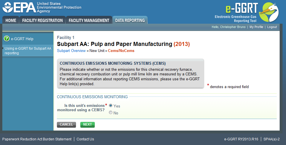 Subpart AA: Step 2 - Indicate CEMS utilization for a unit