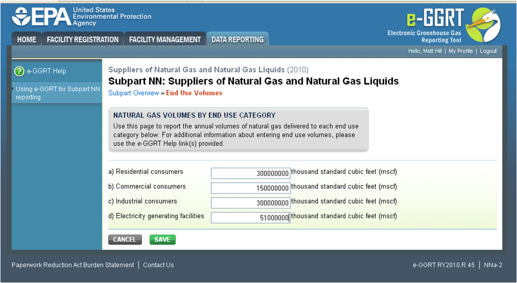 Image of Subpart NN: Suppliers of Natural Gas and Natural Gas Liquids page for Natural Gas Volumes by end use category.