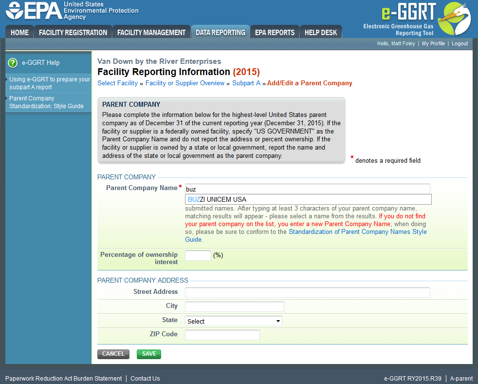 Subpart A: Adding a Parent Company using the Standardization of Parent Company Names dropdown