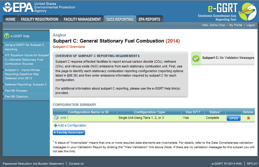 Screenshot of Subpart C Overview page