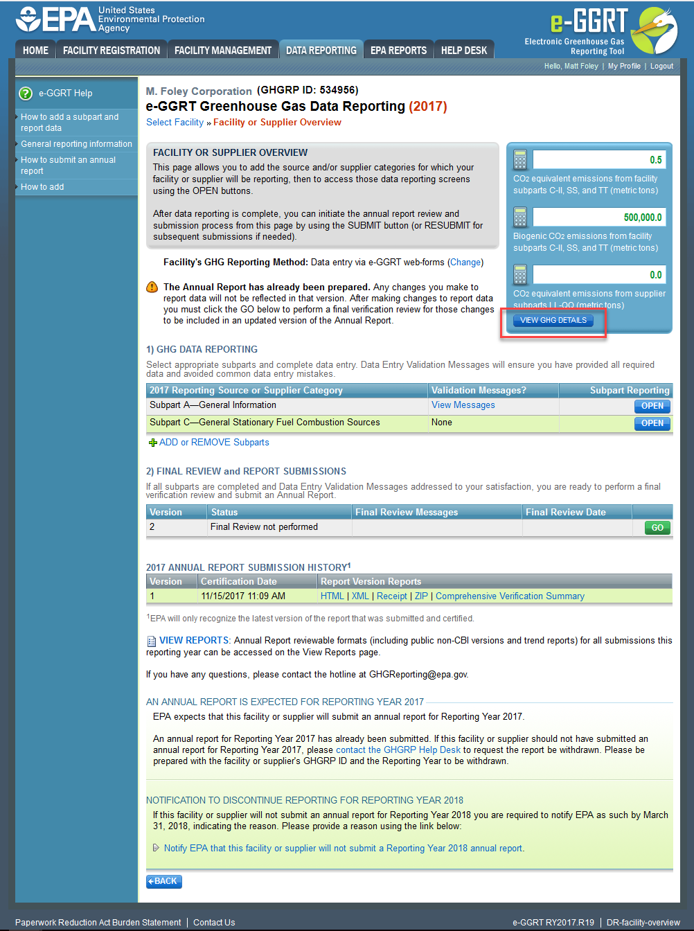 Click the VIEW GHG DETAILS button to view the emissions rollup for facility or supplier