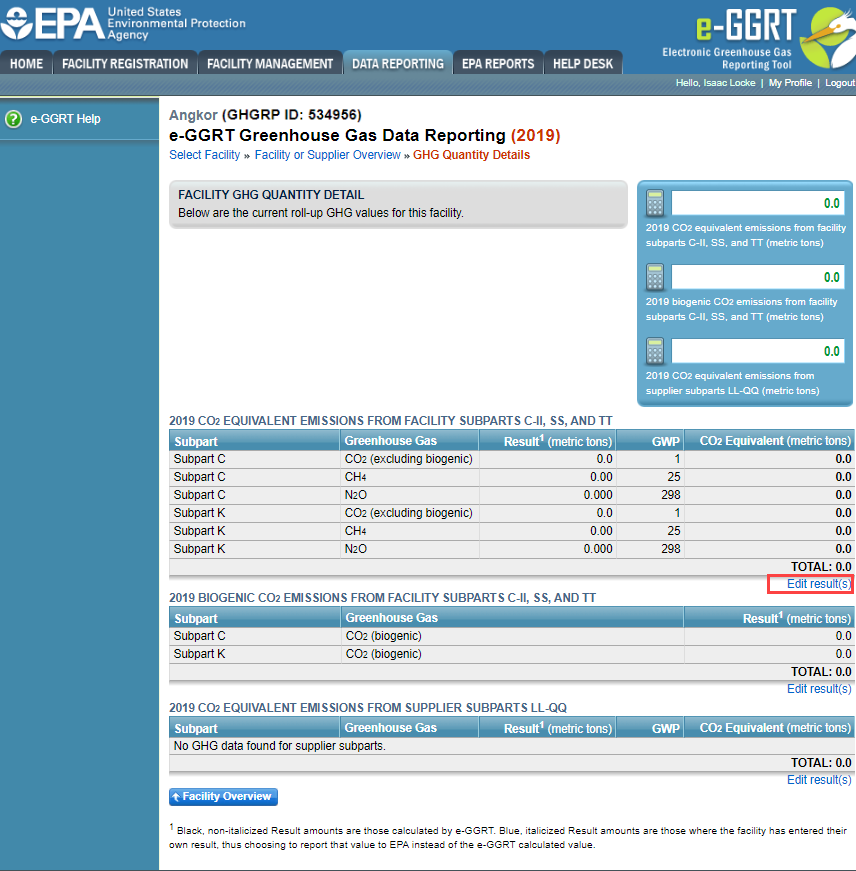 Click the Edit Results link to add subpart-level emissions results