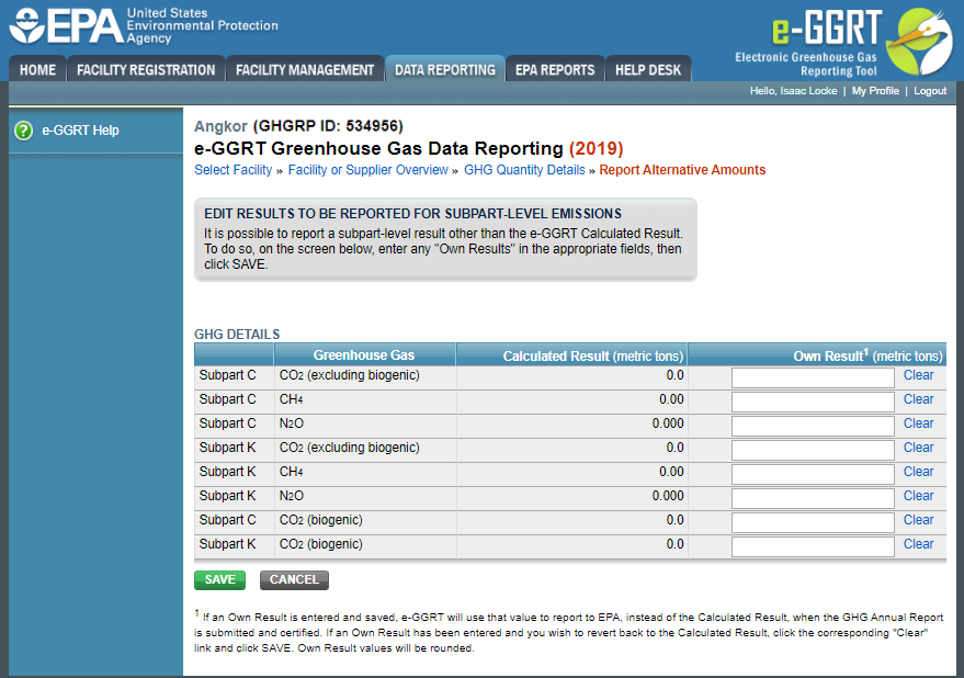 Click the SAVE button after entering results and return to the GHG Quantity Details page