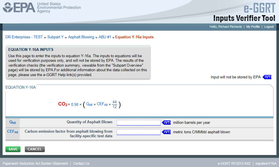 Subpart Y: Step 1b - Equation Y-16a Inputs in e-GGRT IVT