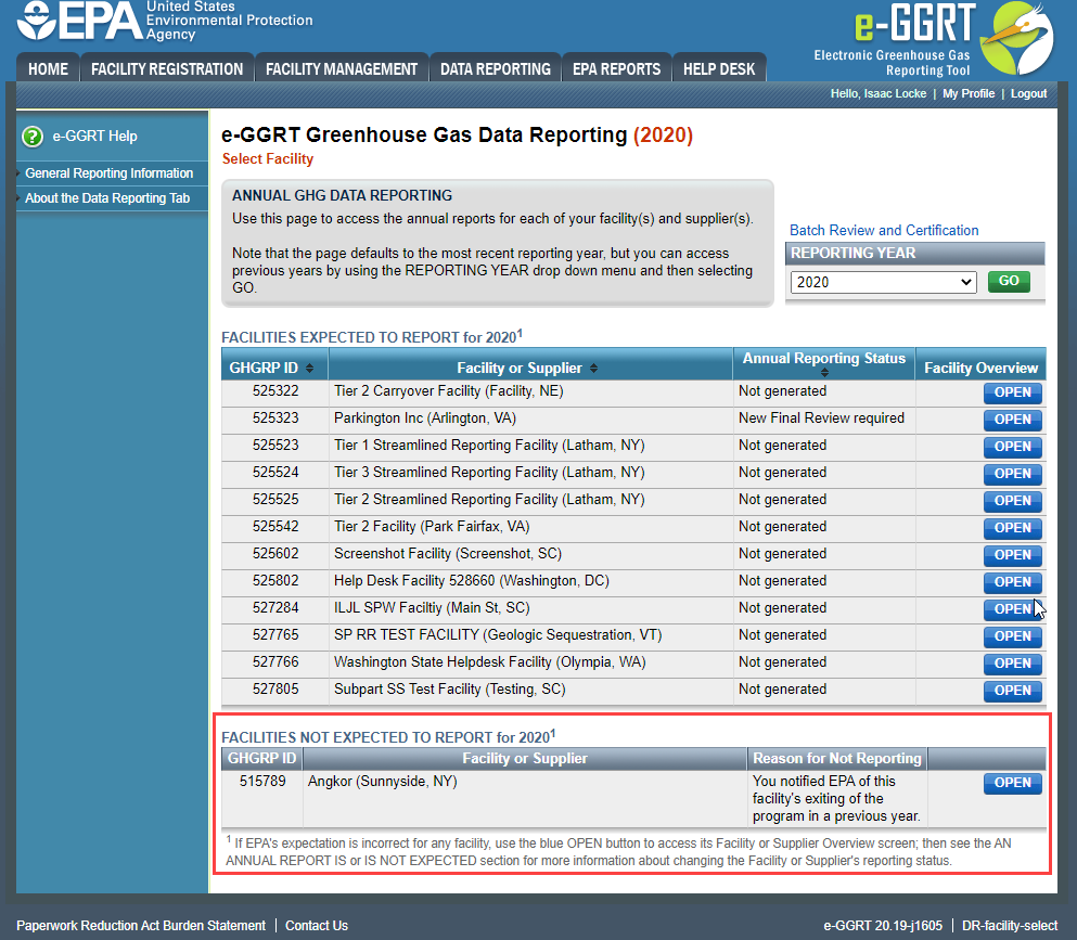 "FACILITIES NOT EXPECTED TO REPORT" section image
