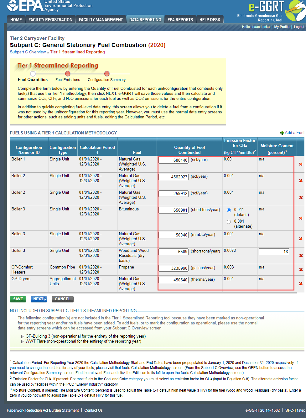 Subpart C Tier 1 Streamlined Reporting Page