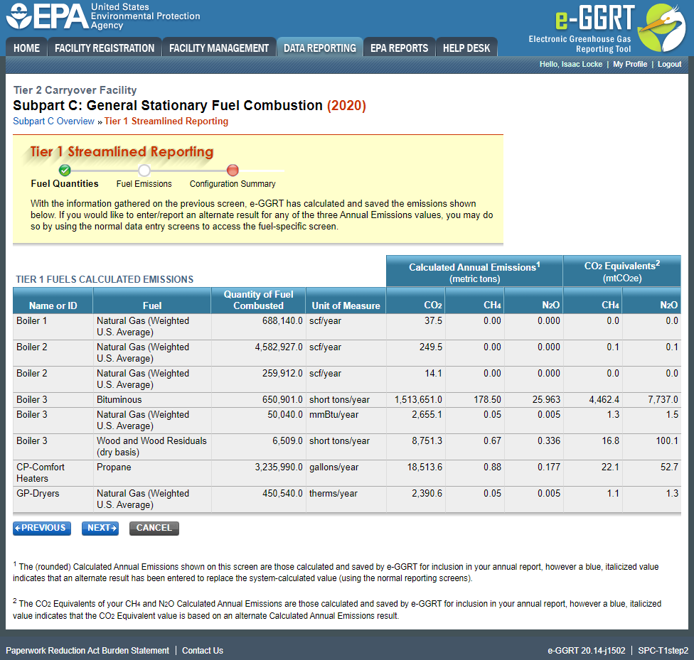 Subpart C Launch Tier 1 Streamlined Reporting Fuel Emissions Page with all Required Emissions Data