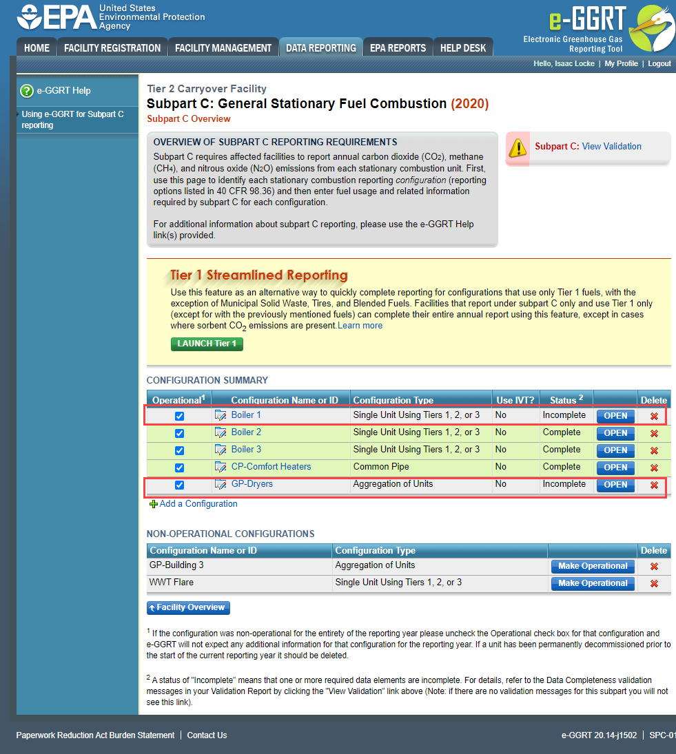 Subpart C Launch Tier 1 Streamlined Reporting Configuration Summary Page